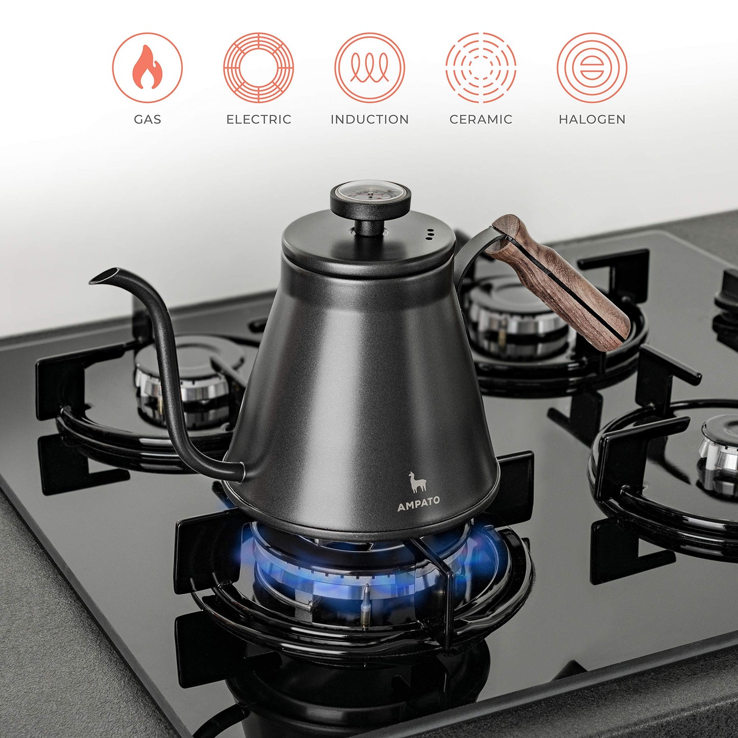 Pour Over Kettle - AMPATO Gooseneck Kettle with Thermometer - Barista Quality - Triple Layered Stainless Steel Bottom for Drip Coffee and Tea Brewing on all Stovetops - 36 floz