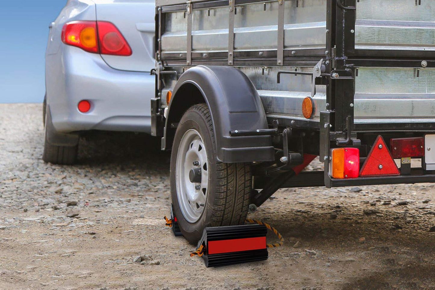 Rubber Wheel Chocks - Long Connecting Rope - Heavy Duty Rubber - Buy As One or Two Pairs - Extremely Durable - for Cars, Boats, Trucks, Aircraft, RVs
