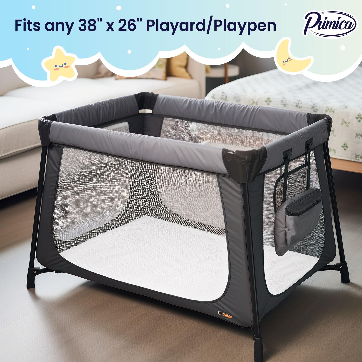 Primica Pack and Play Mattress Pad - Comfort Memory Foam, 38"x26"x1.5" (incl. Cover), Waterproof & Washable Cover - Portable Crib Mattress for Baby & Toddler Play Yards