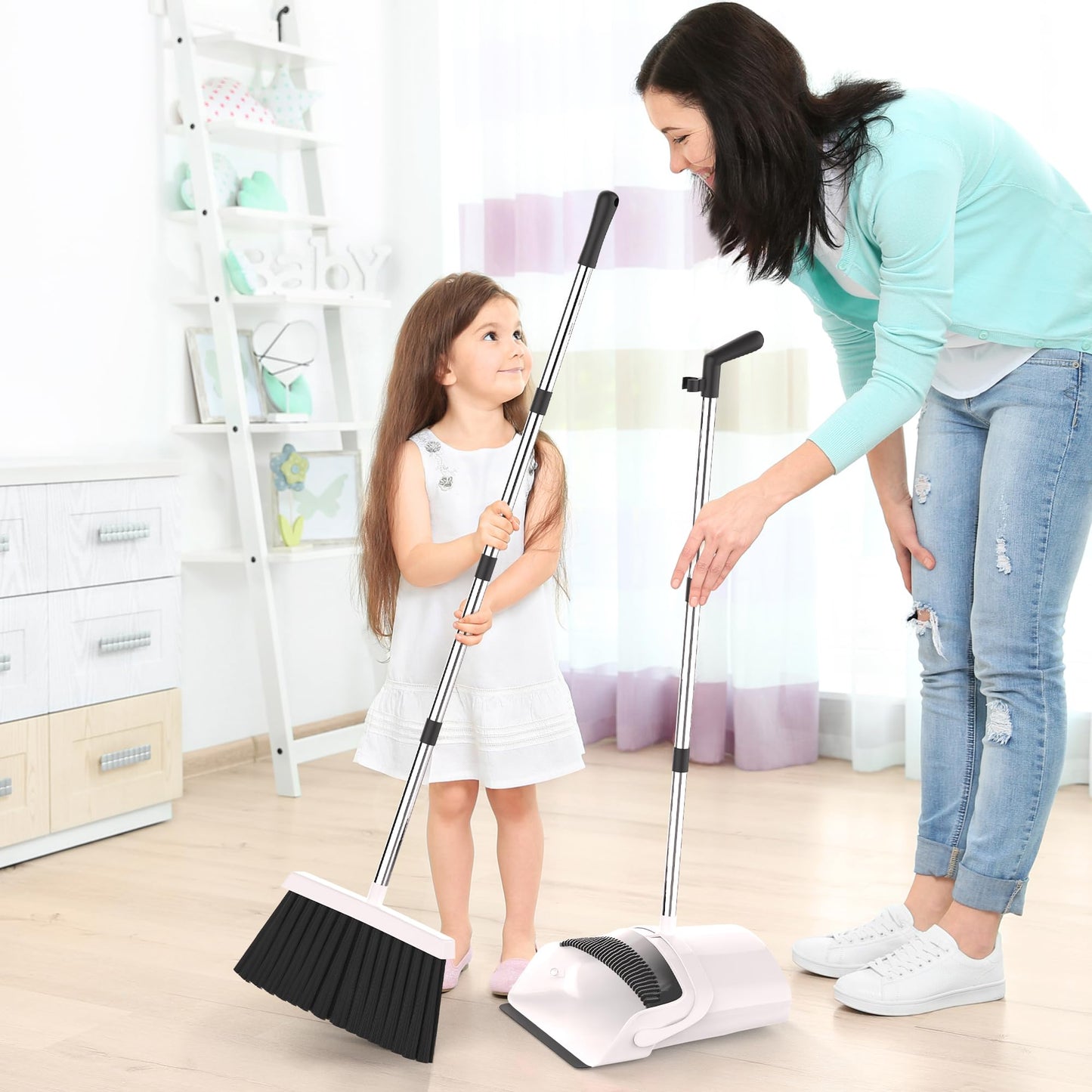 Jade Active Broom and Dustpan Set - Premium Long Handled Broom Dustpan Combo - Upright Standing Lobby Broom and Dust Pan Brush w/Handle - Great Edge, Lightweight and Robust