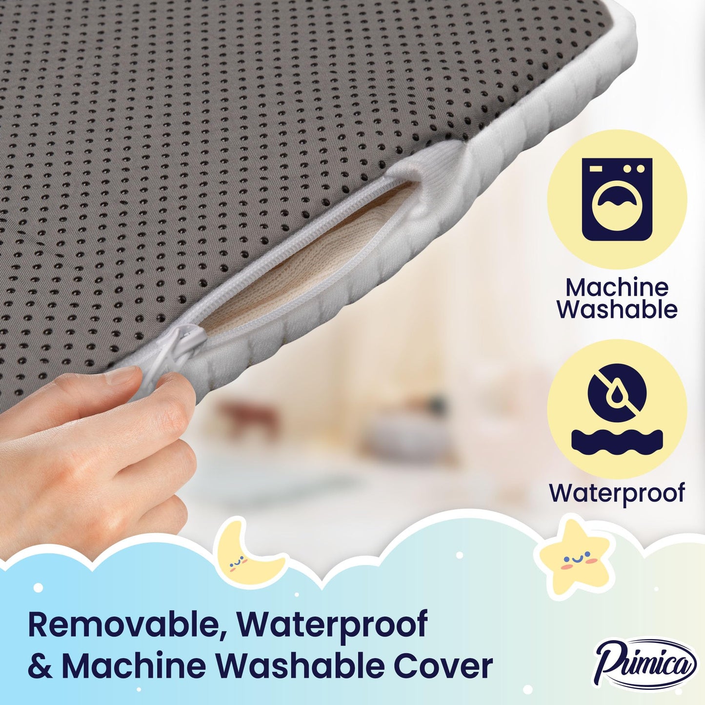 Primica Pack and Play Mattress Pad - Comfort Memory Foam, 38"x26"x1.5" (incl. Cover), Waterproof & Washable Cover - Portable Crib Mattress for Baby & Toddler Play Yards