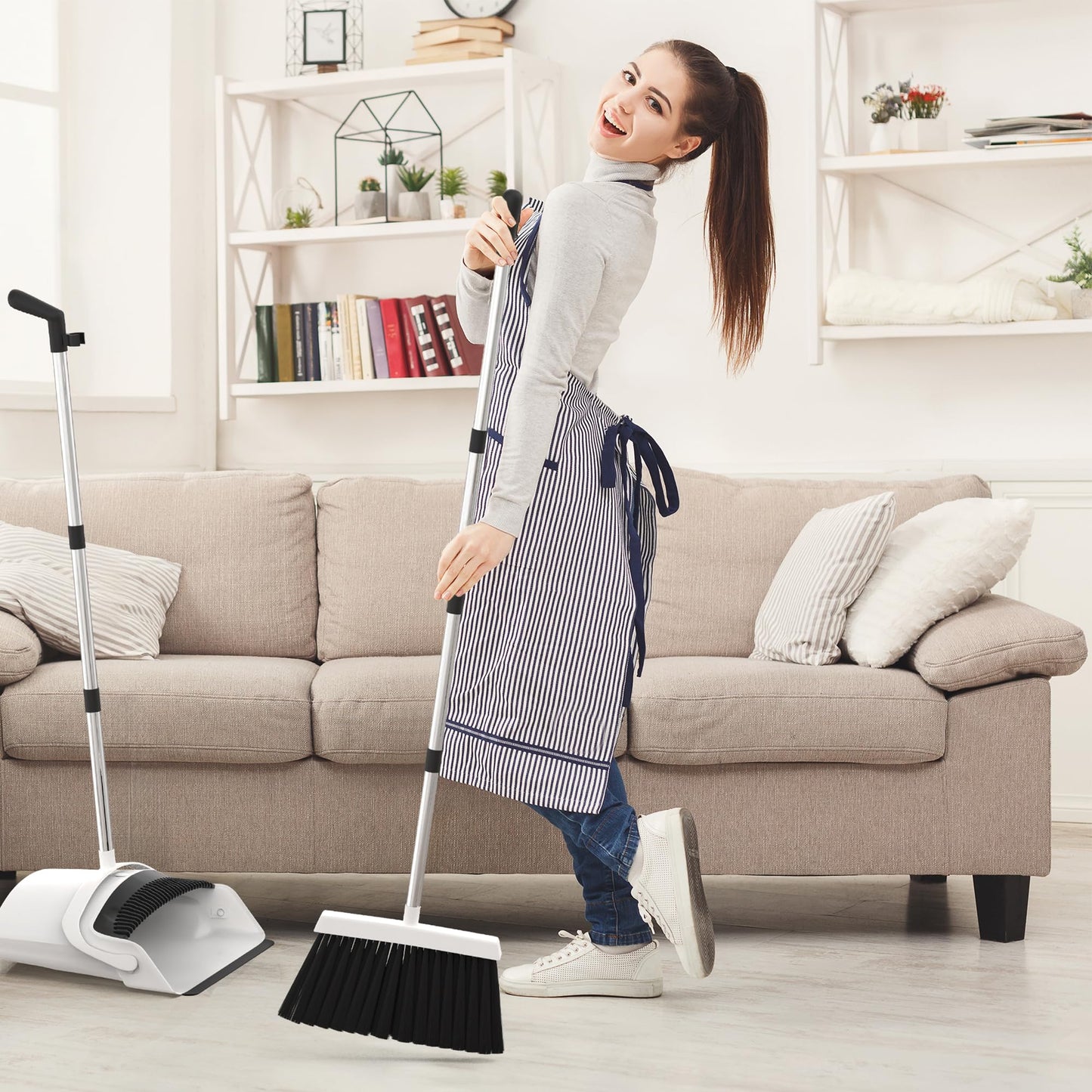 Jade Active Broom and Dustpan Set - Premium Long Handled Broom Dustpan Combo - Upright Standing Lobby Broom and Dust Pan Brush w/Handle - Great Edge, Lightweight and Robust