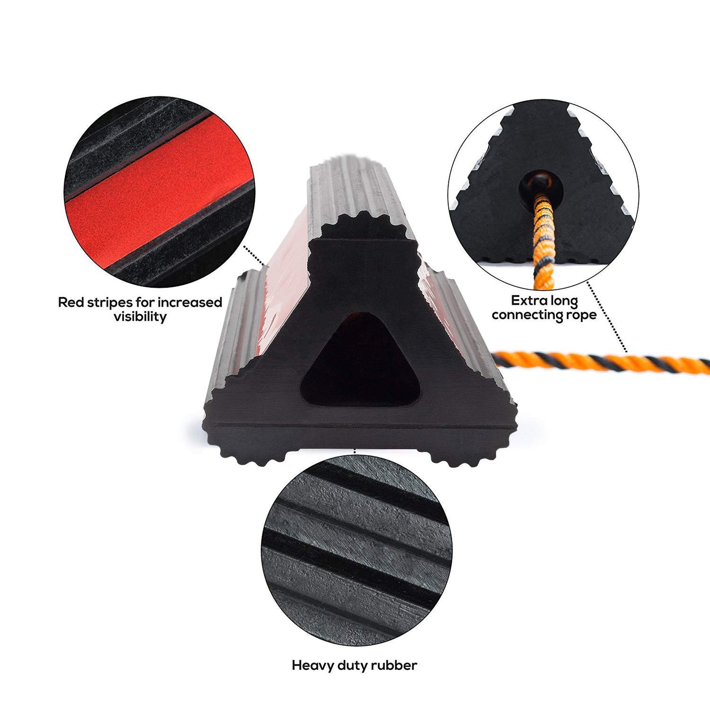 Rubber Wheel Chocks - Long Connecting Rope - Heavy Duty Rubber - Buy As One or Two Pairs - Extremely Durable - for Cars, Boats, Trucks, Aircraft, RVs