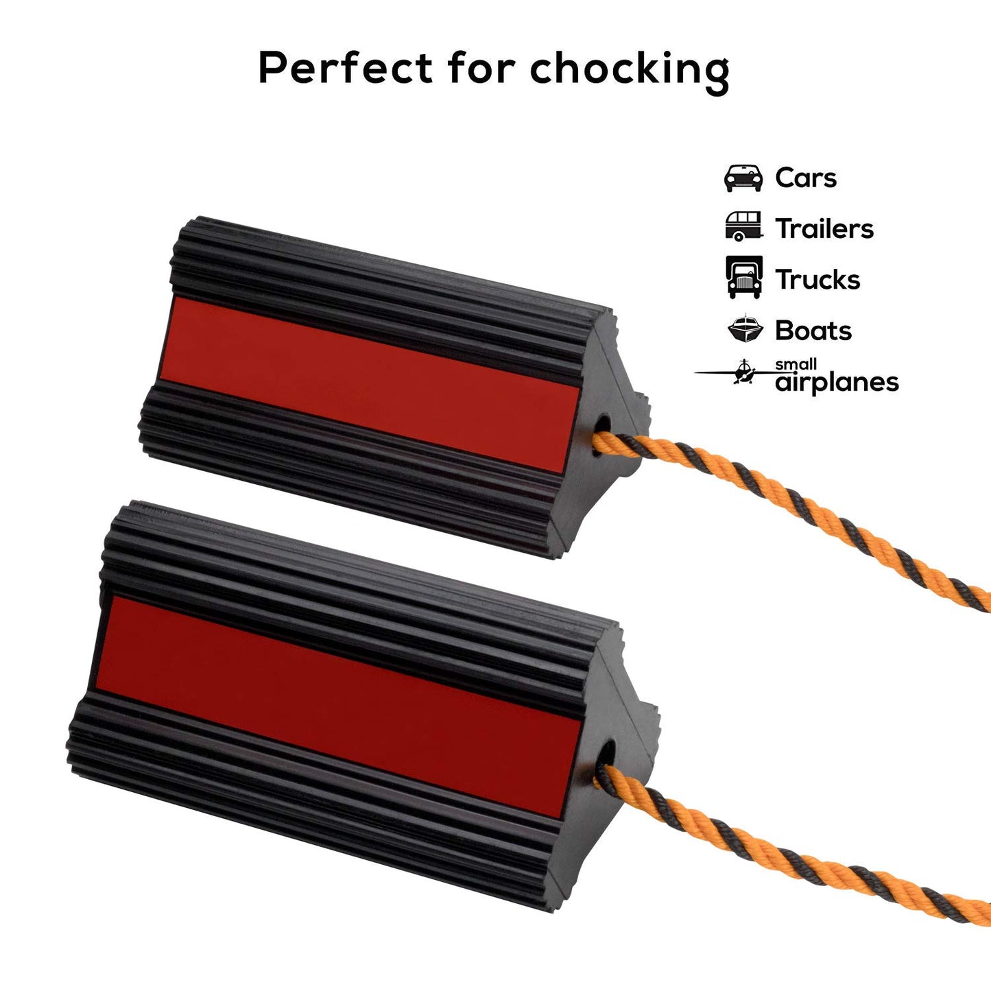 Rubber Wheel Chocks - Long Connecting Rope - Heavy Duty Rubber - Buy As One or Two Pairs - Extremely Durable - for Cars, Boats, Trucks, Aircraft, RVs
