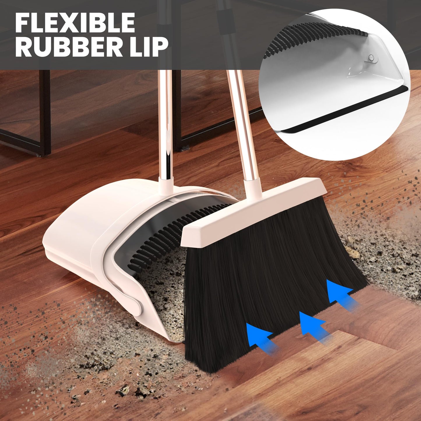 Jade Active Broom and Dustpan Set - Premium Long Handled Broom Dustpan Combo - Upright Standing Lobby Broom and Dust Pan Brush w/Handle - Great Edge, Lightweight and Robust